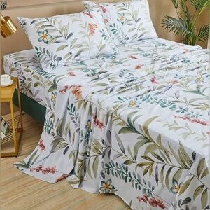 NEW FADFAY Floral Leaves Sheet Set King, Premium 100% Organic Cotton 600 TC